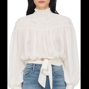 FRAME Billowy Smocked Sheer Blouse Tie Pleat Ruffle XS
